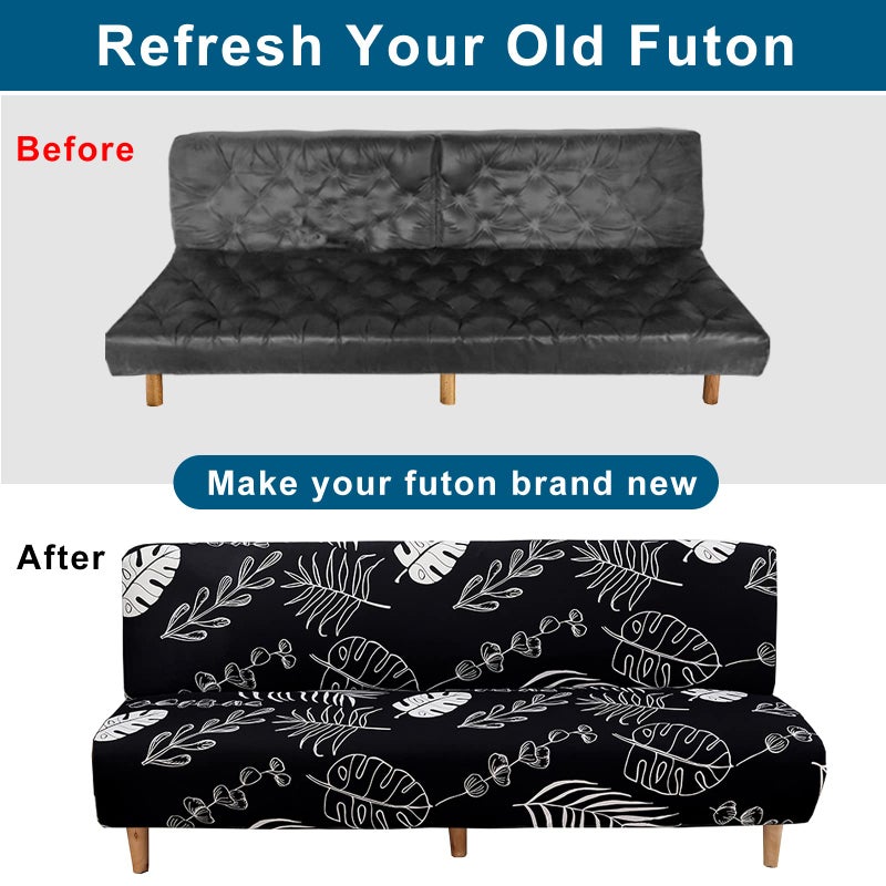 WOMACO Printed Futon Cover Stretch Sofa Bed Slipcovers Full Twin Queen Size Armless Couch Loveseat Protector Covers with Elastic Bottom for Living Room Bedroom Furniture (Black Leaves, 63"-75") - Image 5